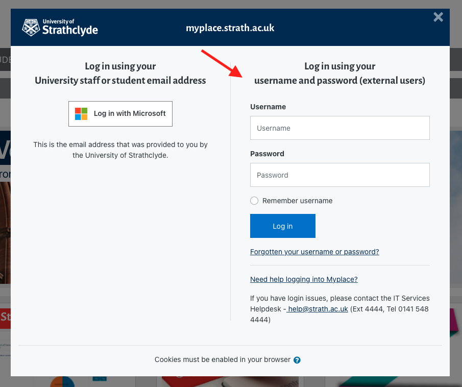 The login form with username and password for external users